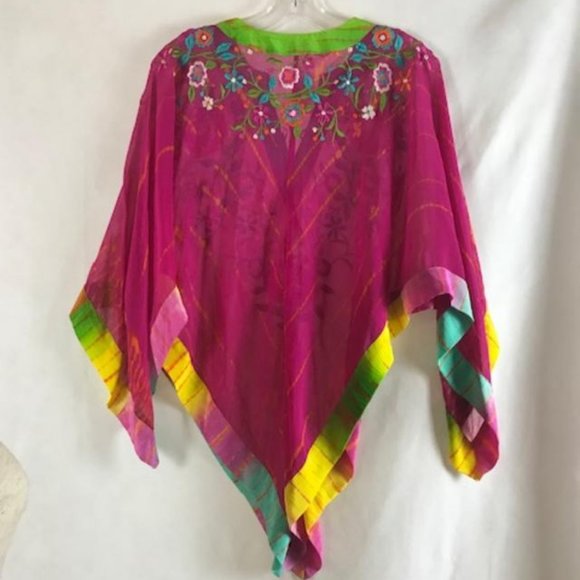 NWT Tashia London Silk Pullover V-neck Sheer Poncho with Embroidery Size M - Picture 14 of 14